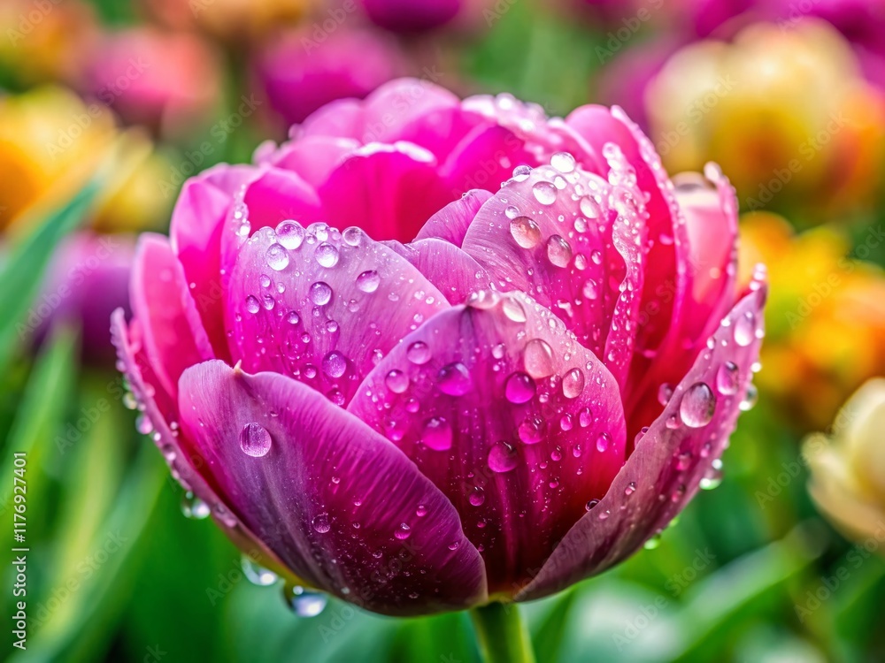 Fototapeta premium Macro Pink Peony Tulip with Rain Drops, Spring Flowers Background