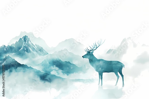 3d modern art mural wallpaper with light background. landscape, deer, turquoise mountains. for use as a frame on walls photo