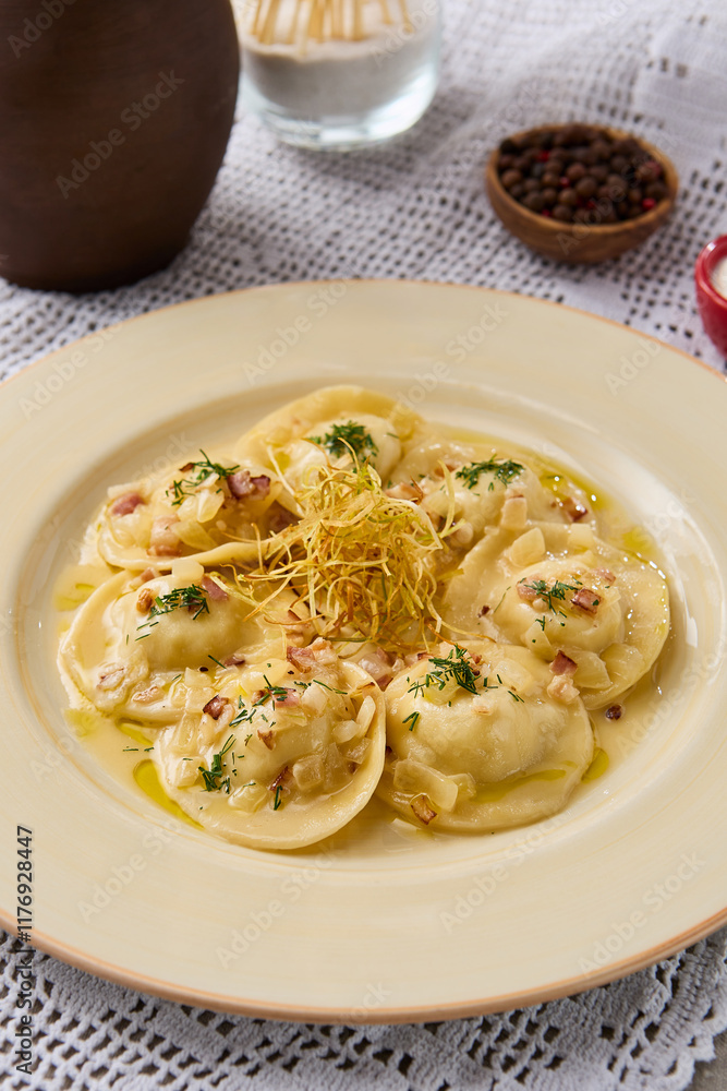 Gourmet Potato and Bacon Dumplings on Elegant Plate with Rustic Texture and Warm Lighting Gourmet Potato and Bacon Dumplings on Elegant Plate with Rustic Texture and Warm Lighting