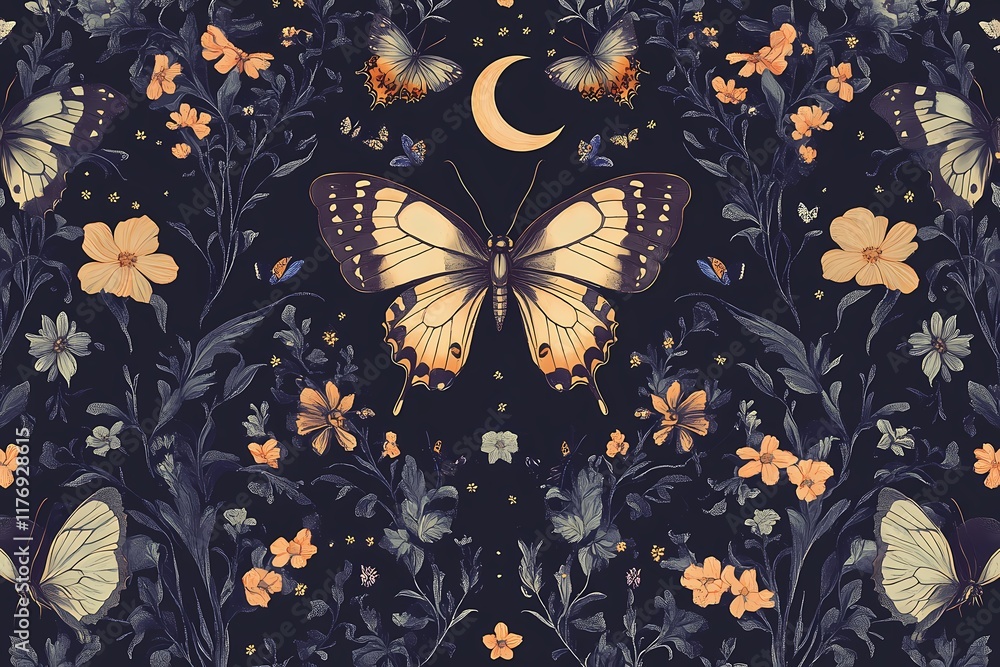 Gothic garden pattern with butterflies, moths, flowers, crescent moon seamless texture Gothic garden pattern with butterflies, moths, flowers, crescent moon seamless texture