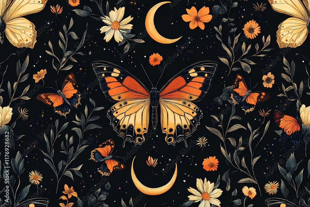 Gothic garden pattern with butterflies, moths, flowers, crescent moon seamless texture Gothic garden pattern with butterflies, moths, flowers, crescent moon seamless texture