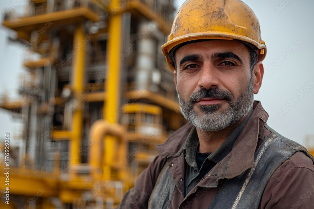 Oil rig worker wearing hardhat posing in front of refinery Oil rig worker wearing hardhat posing in front of refinery