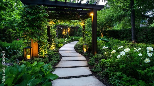 Backyard garden with lush greenery, a wooden arbor covered in roses, and lanternlit pathways photo