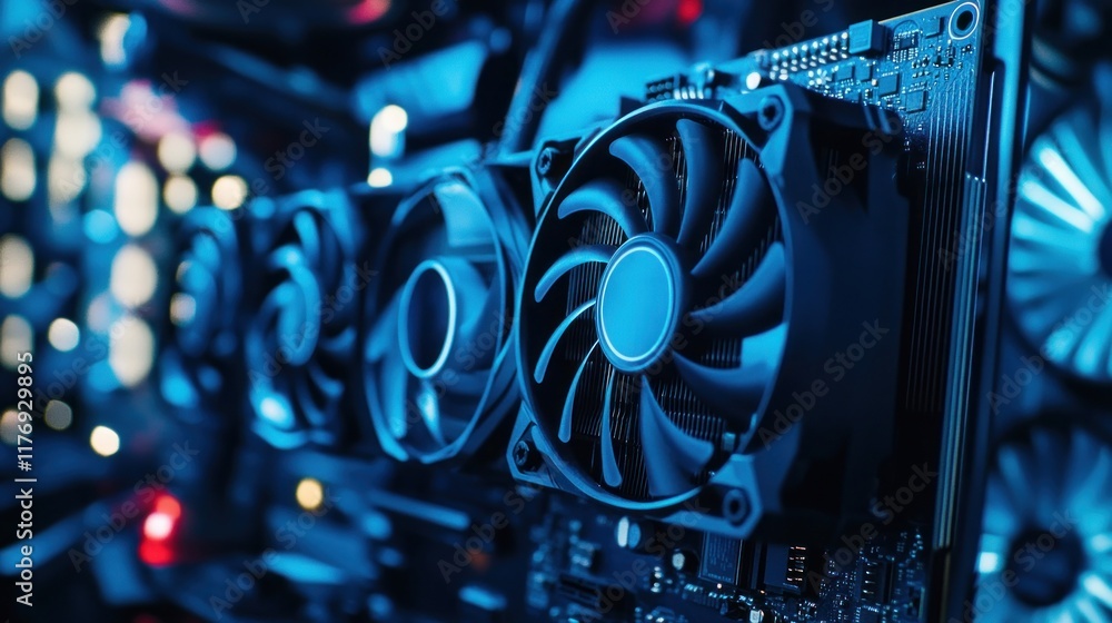 Fototapeta premium Close-up of Graphics Card Cooling Fans in a Blue Lit Server Room
