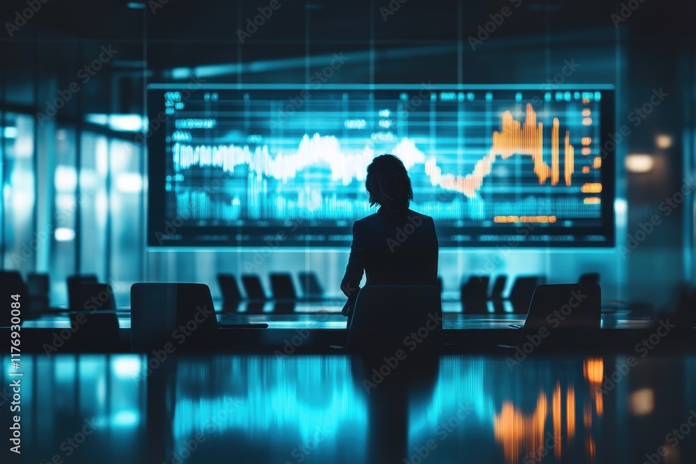 Professional in Modern Boardroom Overlooking Holographic Financial Graph, Showcasing Real-Time Data Analysis and Strategic Decision-Making Environment Professional in Modern Boardroom Overlooking Holographic Financial Graph, Showcasing Real-Time Data Analysis and Strategic Decision-Making Environment