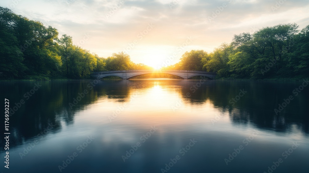 A tranquil river reflecting the warm hues of a sunset, surrounded by lush green trees under a serene sky. A tranquil river reflecting the warm hues of a sunset, surrounded by lush green trees under a serene sky.