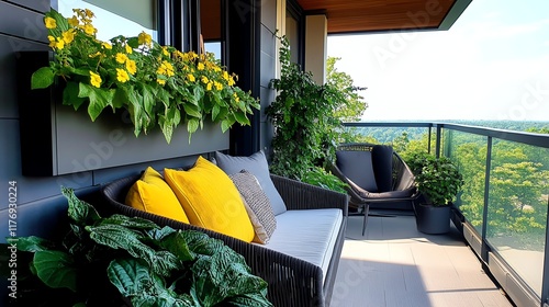 Balcony garden with compact vertical planters, bright flowers, and spaceefficient furniture photo