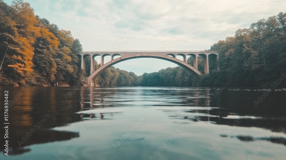 Obraz premium A tranquil scene of a bridge arching over a calm river, surrounded by lush greenery and a slightly overcast sky.