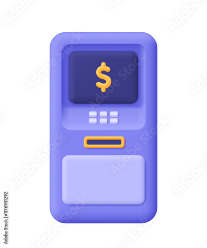 ATM automatic deposit machine with dollar sign. Finance technology, banking, money transfer and money payment concept. 3d vector icon. Cartoon minimal style.