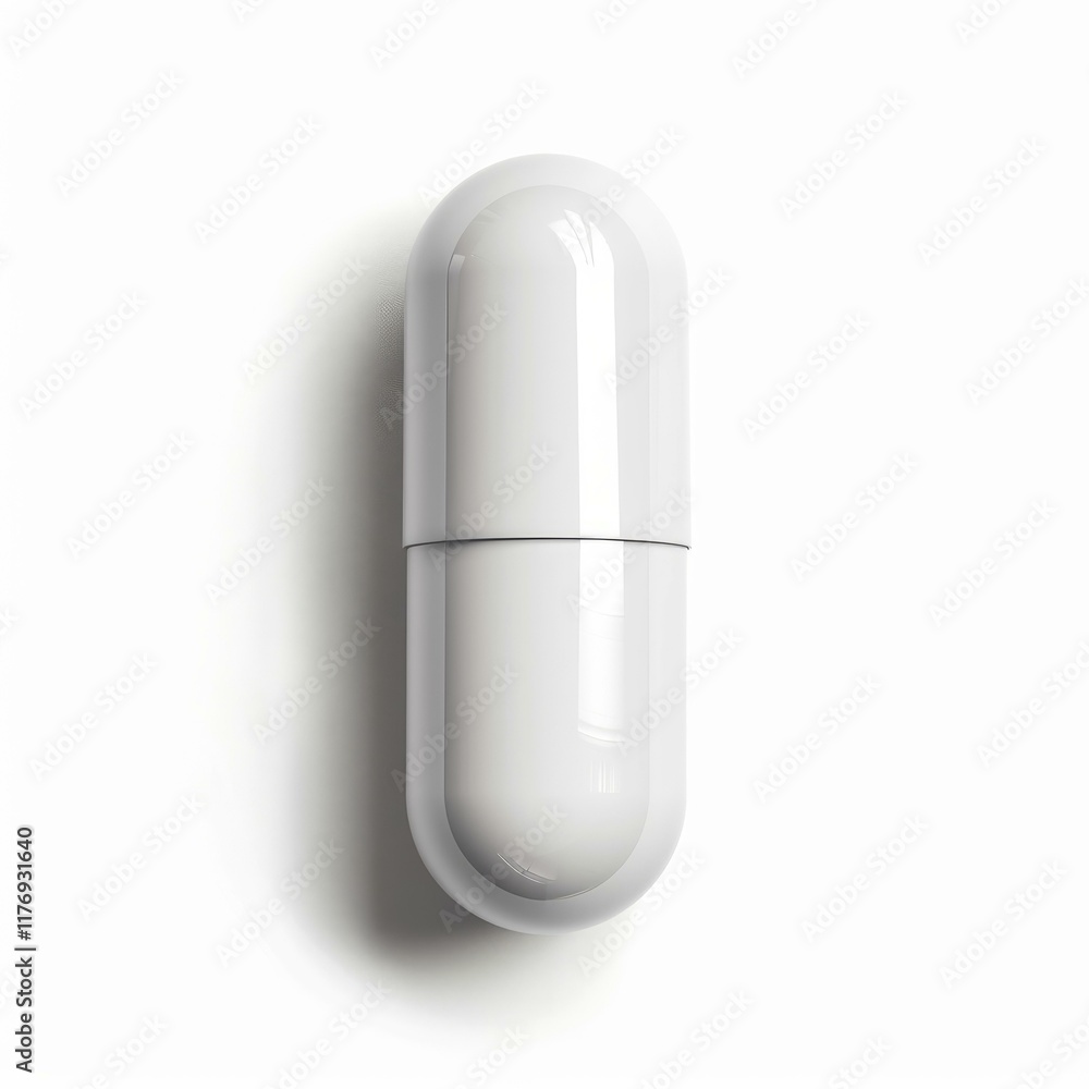 Close up of a white medical capsule pill lying on a white background, representing healthcare, medicine, and pharmaceuticals Close up of a white medical capsule pill lying on a white background, representing healthcare, medicine, and pharmaceuticals