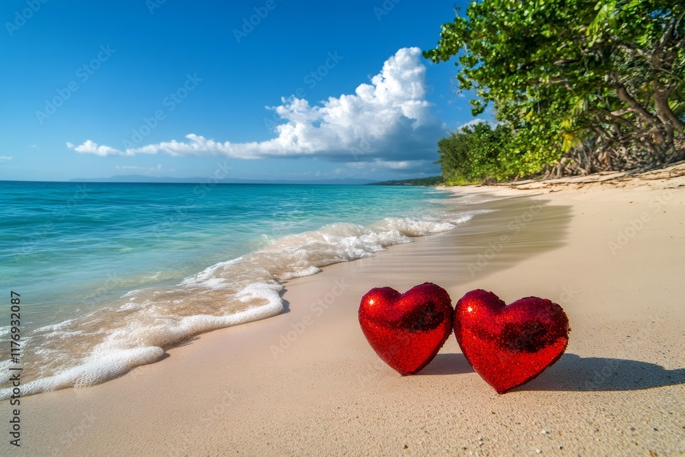 Fototapeta premium Two red hearts celebrating love on tropical beach paradise