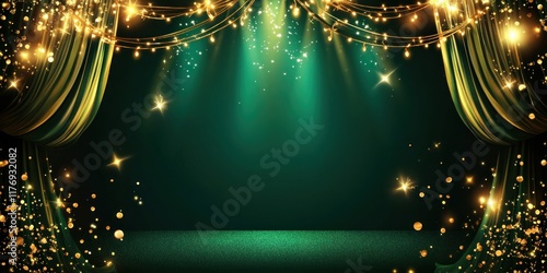 Green Stage Curtain with Golden Lights