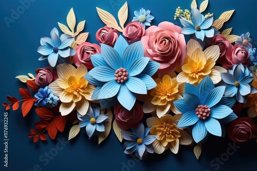Vibrant Bouquet of Colorful Paper Flowers with Vivid Blue, Pink, and Yellow Petals Against a Rich Blue Background