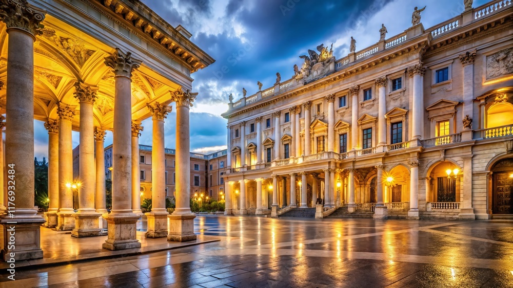 Obraz premium Majestic Roman Palace at Night: Marble Columns & Illuminated Facade