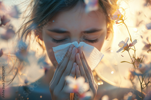 Young Caucasian female sneezing into tissue outdoors surrounded by blooming flowers during sunset, suffering from seasonal pollen allergy and hay fever symptoms. photo