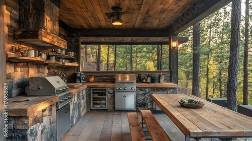 Outdoor rustic kitchen inspiring cooking in nature with forest view photo