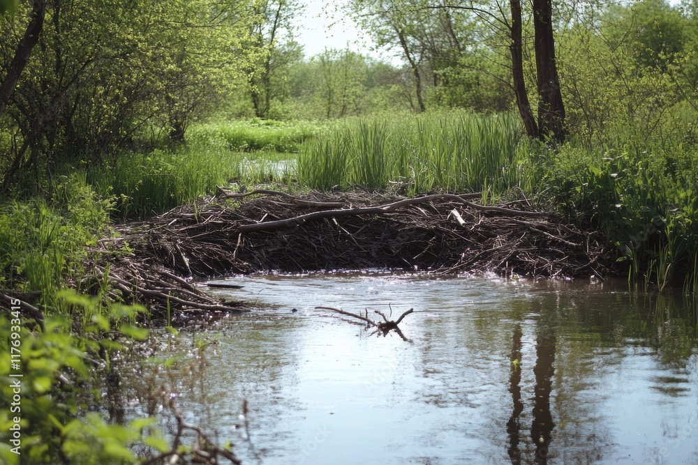 Beaver builds a dam in a lush wetland area during a sunny afternoon Beaver builds a dam in a lush wetland area during a sunny afternoon