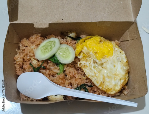 Nasi Goreng, Fried Rice with egg and cucumber topping, in disposable eco-friendly food packaging or kraft paper box. photo