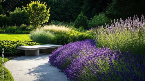 Secluded backyard garden with a hidden bench surrounded by fragrant lavender and tall grasses