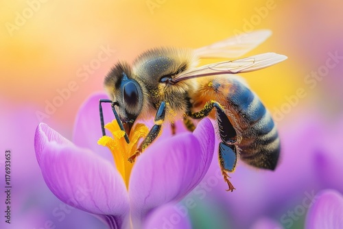 Bee collecting nectar from a vibrant purple flower in a serene spring setting photo