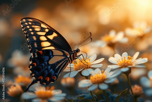 Butterflies fluttering around flowers during golden hour in a vibrant garden photo