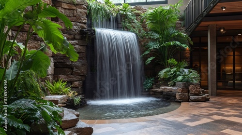 Relaxing waterfall cascading into tranquil pond in lush indoor garden photo