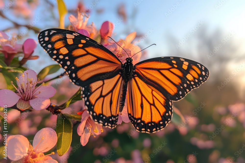 Colorful butterflies flutter among blooming flowers during a warm afternoon Colorful butterflies flutter among blooming flowers during a warm afternoon
