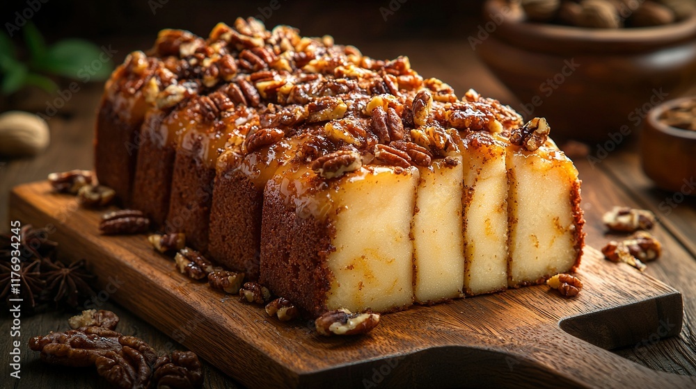 Pecan loaf cake sliced on wooden board, rustic background. Pecan loaf cake sliced on wooden board, rustic background.