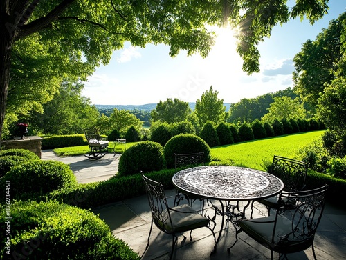 Victorianinspired garden with wrought iron furniture and structured hedges photo