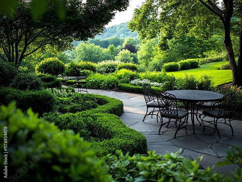 Victorianinspired garden with wrought iron furniture and structured hedges photo