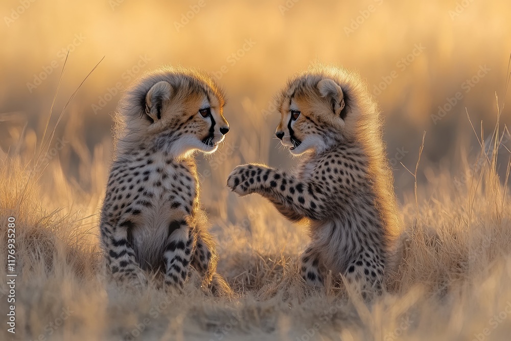 Obraz premium Two playful cubs engaging in a lively interaction during golden hour in the grasslands