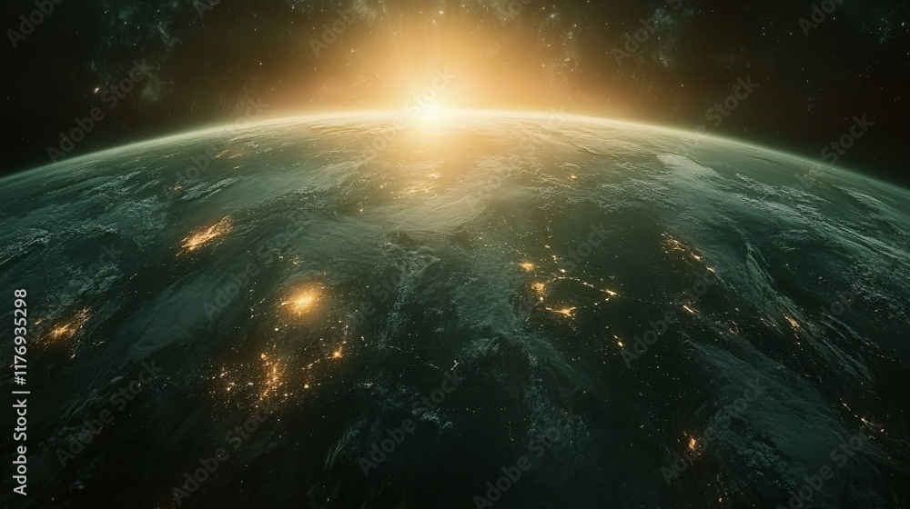 Fototapeta premium Sunrise over Earth captured from space highlighting continents and city lights
