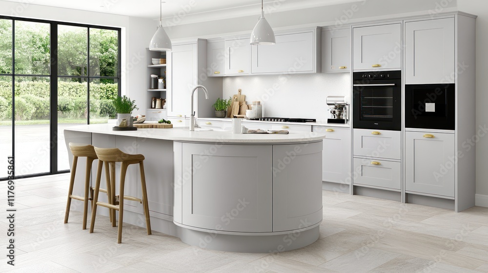 Fototapeta premium Modern kitchen interior with island and natural light.