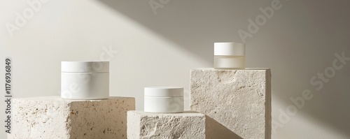 Elegant skincare display with modern white containers on neutral stone stands emphasizing purity, simplicity, and premium product quality