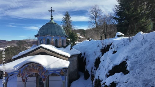 Winter view of the nineteenth century in Sokolski Monastery Holy Mother's Assumption, Gabrovo region, Bulgaria photo