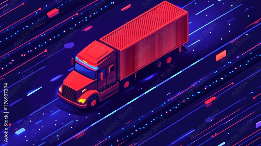 Brightly colored truck navigating through a vibrant digital landscape at night Brightly colored truck navigating through a vibrant digital landscape at night
