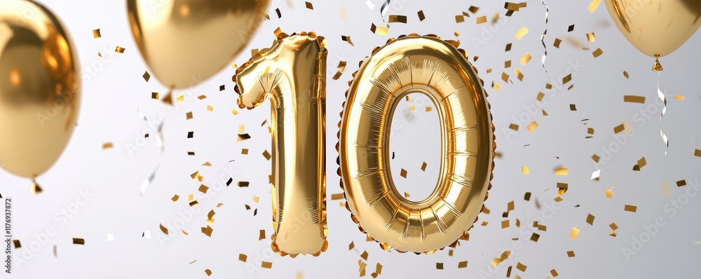 Golden foil balloons forming the number 10 surrounded by falling confetti and streamers, perfect for anniversaries and milestone celebrations Golden foil balloons forming the number 10 surrounded by falling confetti and streamers, perfect for anniversaries and milestone celebrations