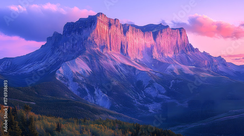 Photography capturing the wild beauty of Mount Yamnuska at dusk, with the rocky face bathed in the soft hues of purple and pink as the sun sets behind the horizon. photo