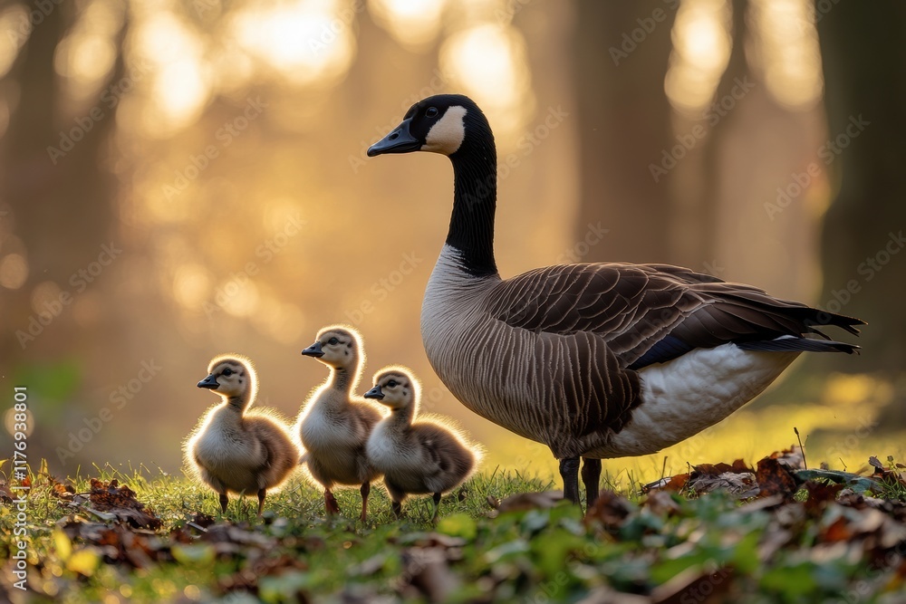 Mother duck watches over her fluffy ducklings during a peaceful spring morning stroll in the park Mother duck watches over her fluffy ducklings during a peaceful spring morning stroll in the park