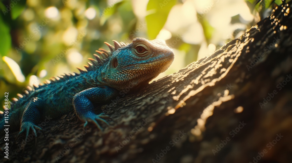 Fototapeta premium Colorful lizard resting on a tree trunk in the warm sunlight, surrounded by green leaves and gentle shadows.
