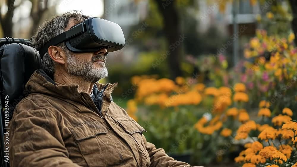 Elderly man in a wheelchair using a VR headset outdoors amongst autumn flowers. Elderly man in a wheelchair using a VR headset outdoors amongst autumn flowers.