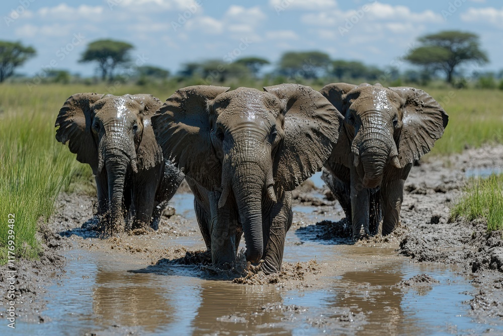 Fototapeta premium Three elephants playing in a muddy spring surrounded by tall grass and trees under a blue sky