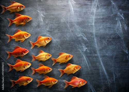 Minimalist Fish Swimming Opposite: Courage, Success, Blackboard Background Stock Photo photo