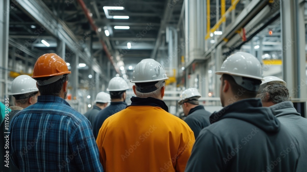 Group of workers in protective helmets observing manufacturing process in modern industrial facility during safety training session in factory environment Group of workers in protective helmets observing manufacturing process in modern industrial facility during safety training session in factory environment
