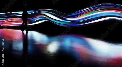 A silhouette of a man standing in front of an installation of light paintings and his body reflected on the surface below him.