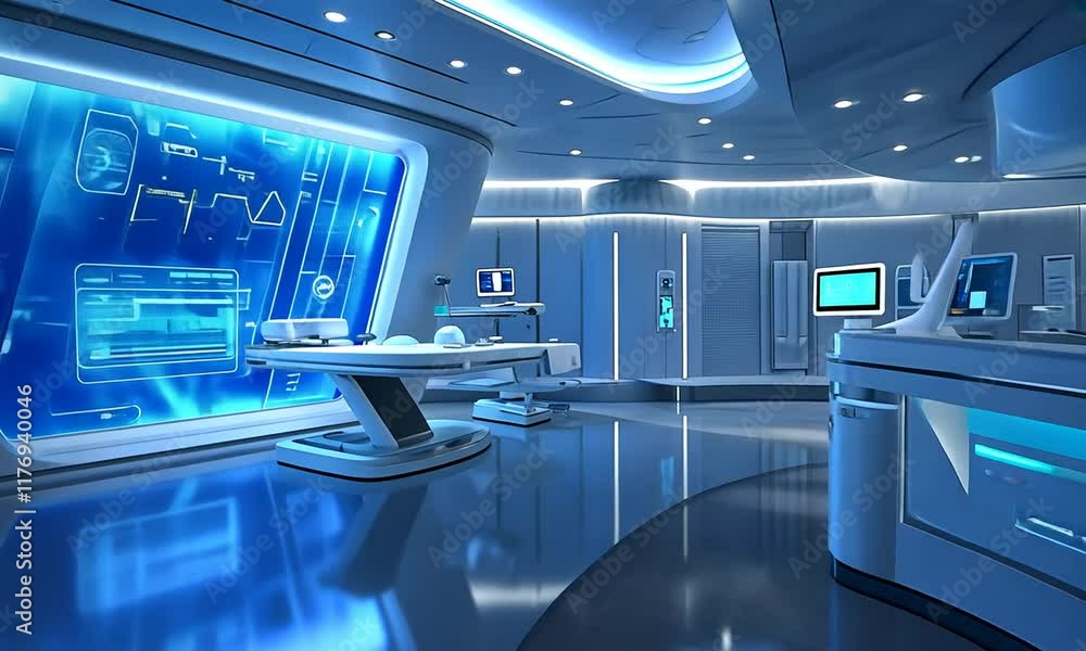 A futuristic, high-tech laboratory with sleek design and glowing blue accents. A futuristic, high-tech laboratory with sleek design and glowing blue accents.