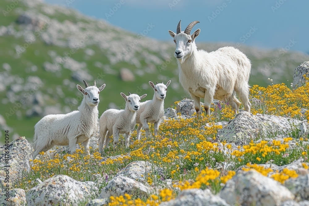 Mountain goats climbing rocky terrain among wildflowers on a sunny day in spring Mountain goats climbing rocky terrain among wildflowers on a sunny day in spring
