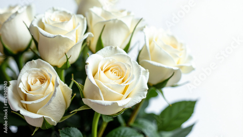 Elegant White Roses on White Background: Perfect for Wedding Invitations, Greeting Cards, and Luxury Branding photo