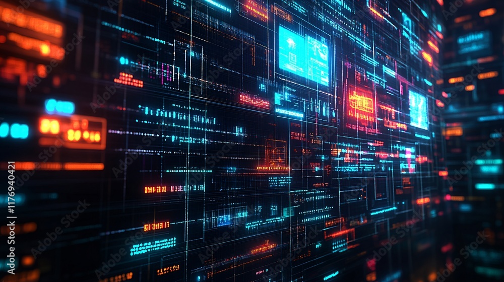 Vibrant digital artwork depicting a futuristic data interface in dark tones Vibrant digital artwork depicting a futuristic data interface in dark tones
