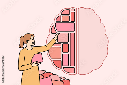 Woman structures knowledge in form of blocks inside brain to improve cognitive processes and simplify memorization. Girl is engaged in structuring knowledge obtained from reading books and textbooks